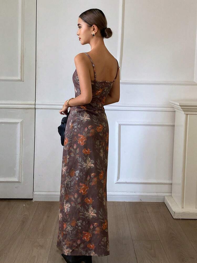Floral Print Fitted Waist Dress, Elegant Holiday Wear For Women, Autumn/Winter