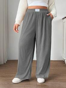 SHEIN EZwear Quần ống rộng cạp cao dáng rộng cỡ lớn dành cho nữ, vải nhung kẻ có túi và thiết kế miếng vá, phù hợp mặc ở trường học, mặc hàng ngày, làm việc trong nhà, màu xám nhạt, mùa thu/đông - Màu Xám nhạt - Xem 2