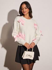 Enchnt Women's White And Pink Cute Autumn Everyday Sweater,Winter Casual Bowknot Decor Round Neck Dropped Shoulder Long Sleeves Christmas Top - White - View 3