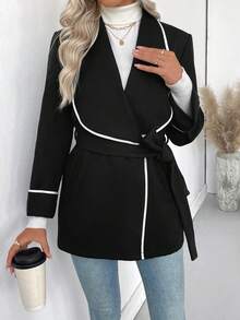SHEIN Sobretudo feminino elegante e sofisticado com botões em cores contrastantes e amarração na cintura.