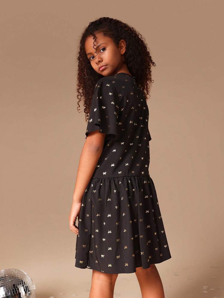 Fit And Flare Dress With Metallic Bow Print