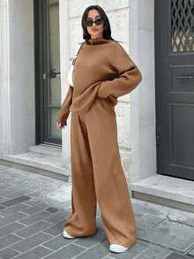 SHEIN Tall كنزة بكتف منخفض & بنطال محبوك للخريف & الشتاء، للنساء الطويلات - بني فاتح - مشاهدة 4