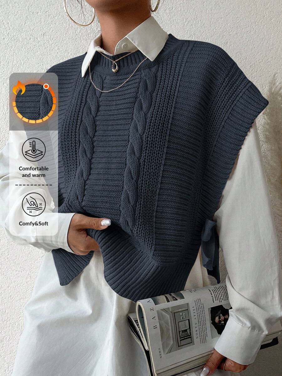 EURMUSE Women's Solid Color Cable Knit Sweater Vest - Dark Grey - View 1