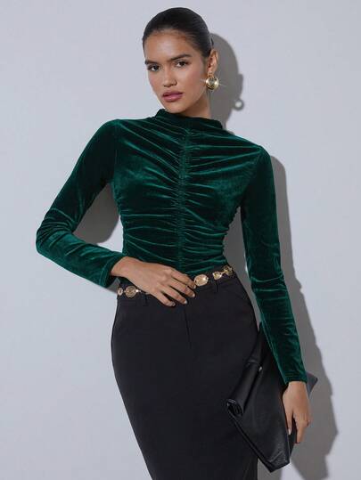 COSMINA Blusa feminina elegante de veludo com babados e manga comprida, outono