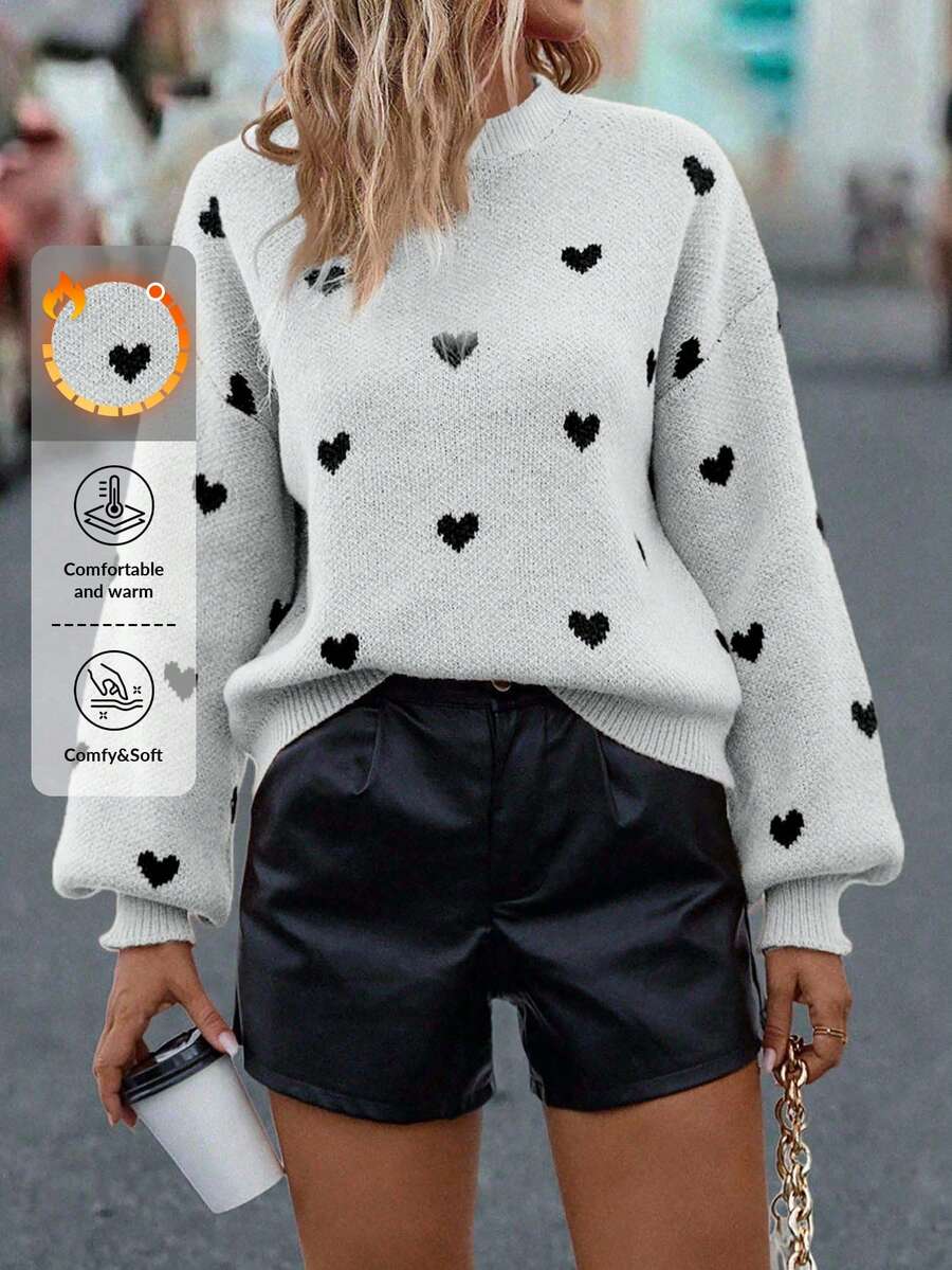 EURMUSE Suéter feminino de malha solta com estampa de coração e ombros caídos - Branco - Ver 1
