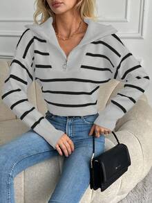 EURMUSE 帶領叉半拉鍊條紋毛衣,有領 - 彩色 - 查看 4