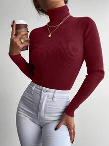 EURMUSE 女式纯色高领长袖修身休闲毛衣 - 酒紅色 - 查看 4