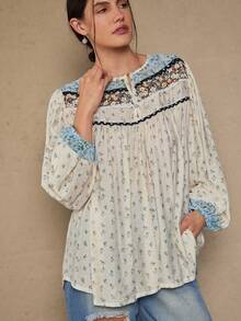 Freevana 大码女式波西米亚复古花卉拼布长袖休闲衬衫 - 杏色 - 查看 3