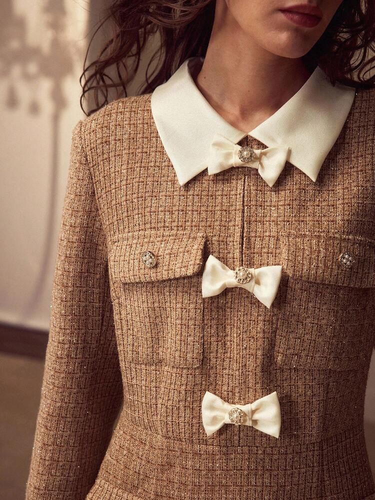 CONTRAST COLLAR BOW DETAIL FLAP POCKET SHORT DRESS