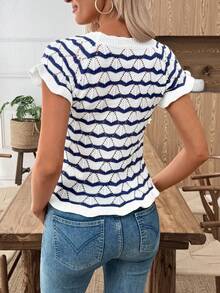 SHEIN LUNE Contrast Stripe Short Sleeve Hollow Out Knit Top Sweaters For Women Fall Sweaters - Blue - View 2