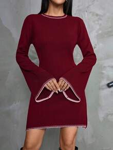 EURMUSE Women Color Block Sweater Dress With Striped Edges - Burgundy - View 7