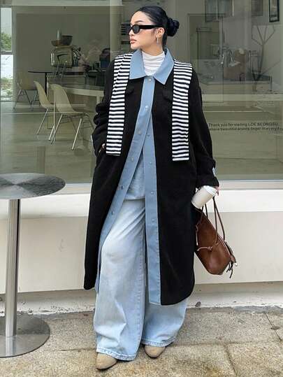 Dazy Plus เสื้อแจ็คเก็ตยาวผู้หญิงพลัสไซส์ Sherpa Patchwork ปก Turndown หนาและอบอุ่นสำหรับเสื้อโค้ทผู้หญิงฤดูใบไม้ร่วง/ฤดูหนาว