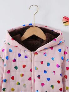 Tween Girl Elegant Pink Heart Laser Print Quilted Fabric Ribbed Cuff Long Winter Warm Cotton Padded Zip-Up Jacket