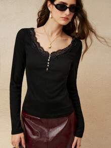 INAWLY Nouveau T-shirt en tricot à col V en dentelle française et patchwork, couche de base pour l'automne/l'hiver pour femmes - Noir - Voir 5