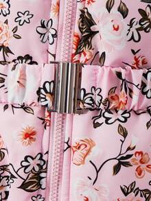 SHEIN Girls' Casual Fashionable Pink Cute Printed Fur Collar Cinched Waist Mid-Length Padded Coat - Baby Pink - View 3