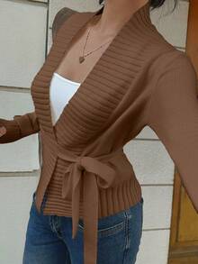 SHEIN Unity Cardigan Casual Feminino de Cor Sólida com Amarração na Frente, Versátil - Castanho - Visão 6