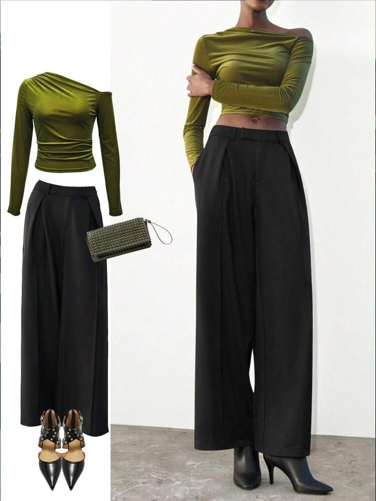 SHEIN Maija Women's Solid Color Pleated Wide Leg Loose Casual Pants