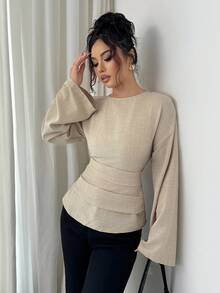 Siren Gaze Damen Minimalistische einfarbige Bluse mit rundem Ausschnitt, Langarm und Reißverschluss hinten