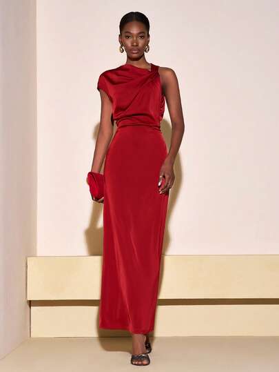 Zivah 20  New Music Festival Western Style Nomadic Style Birthday Party Graduation Collegiate Style Student Daily Wear Basic Versatile Casual Resort Cruise Travel Beach Sunbathing Viral Streetwear Halloween Costumes Wedding Guest Bohemian Style Commuter Elegant Autumn/Winter Casual Daily Date Commute Work Dress Asymmetric Design Shoulder Cinched Satin Glossy Fabric Long Burgundy Maxi Dress,Christmas Clothes For Women,Thanksgiving Outfit For Women,Beach Dresses For Women,Red Dress Women,Sparkly Dress