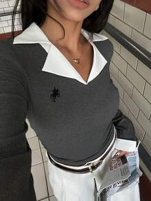 Rina Fox Áo thun dài tay ôm sát màu tương phản đơn giản thời trang thu đông cho nữ cỡ lớn - Màu xám đen - Xem 8