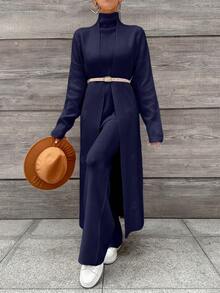 EURMUSE 3pcs Women Solid Color Stand Collar Knit Vest, Cardigan And Pants Set - Navy Blue - View 3