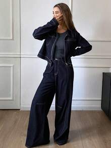 Livesso Women's Casual Collared Top And Loose Fit Jeans Set, Autumn - Blue - View 5