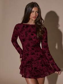 SHEIN BAE Robe mini élégante à manches longues et imprimé intégral pour femmes - Rouge foncé - Voir 6