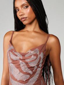 MISSGUIDED Diamante Rose Print Cowl Neck Bodycon Mini Dress Side Tie Detail Evening Party - Camel - View 5