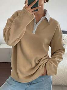 DAZY Sudadera casual de manga larga con cuello polo, de estilo patchwork a rayas con forro térmico para mujer, para otoño/invierno - Caqui - Ver 4