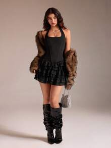 TRNVIE 1 chiếc váy ngắn nữ, màu đen, dự tiệc, năm mới, ngày lễ tình nhân, cổ yếm, thiết kế xương cá tôn dáng, chân váy xếp nếp ren nhiều lớp, hẹn hò lãng mạn, thiên nga đen, gợi cảm, thường ngày - màu đen - Xem 7