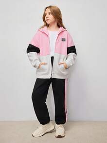 Tween Girls Casual All-Match Versatile Sporty School Patchwork Collar Jacket + Sweatpants Thermal Lined Warm Outerwear Set, Autumn/Winter - Multicolor - View 3