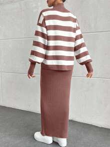 SHEIN Cottnline 2件套女士罗纹立领落肩毛衣和罗纹针织连衣裙 - 乾枯玫瑰色 - 查看 2
