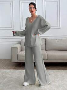 SHEIN Tall 高个女款V领宽松毛衣和针织裤套装 - 灰色 - 查看 6