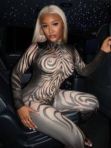 Slaydiva 2025秋季新款万圣节生日派对宴会学院风学生日常休闲邮轮旅行病毒式街头性感俱乐部圆领长袖数码印花身体结构线条女式紧身连体裤 - 棕色 - 查看 5