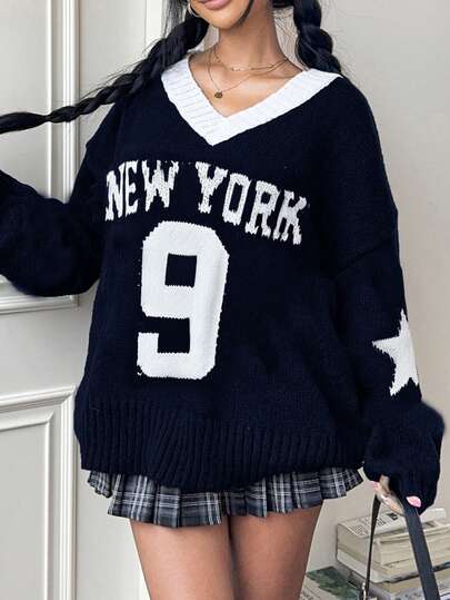 SHEIN 少女拼色V领宽松图案套头毛衣