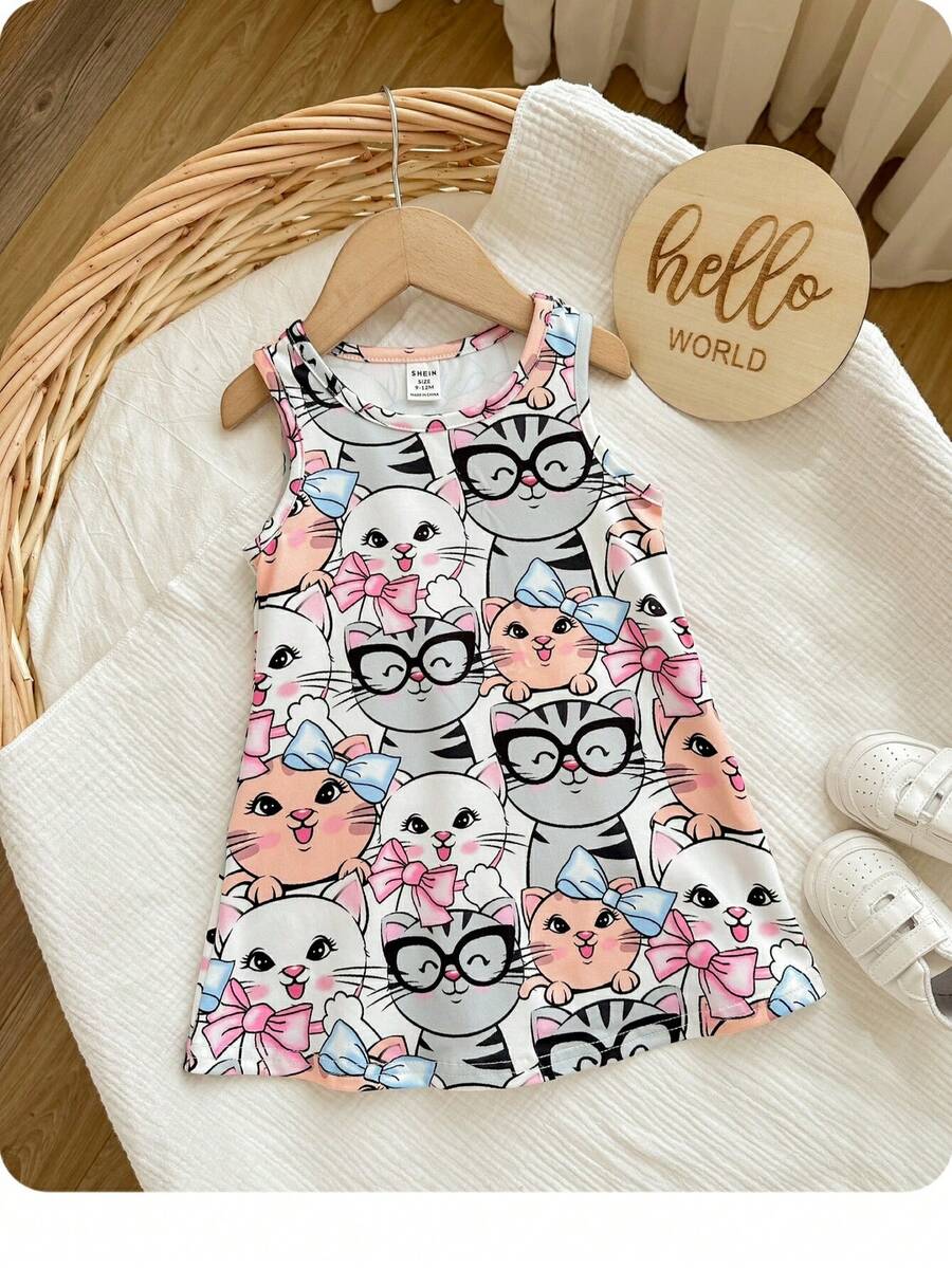 女嬰休閒可愛卡通小貓圖案無袖連衣裙 - 彩色 - 查看 1