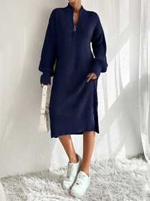 EURMUSE Women Knit Sweater Dress With Zipper Detail,Petite - Navy Blue - View 8