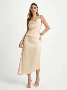 CAJUNI Solid Color Draped Backless Elegant Sexy Spaghetti Strap Dress - Apricot - View 6