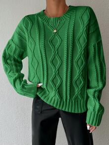 EURMUSE Women's Geometric Pattern Batwing Crewneck Loose Knit Sweater, For Autumn And Winter - Green - View 4