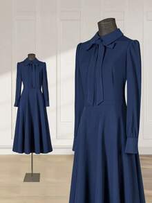 Franclia Women's Fashionable Elegant Bowknot Waist Mid-Length Dress - Navy Blue - View 3
