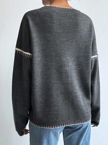 EURMUSE Women Solid Color Deep V-Neck Handmade Stitch Detailed Cardigan - Dark Grey - View 2