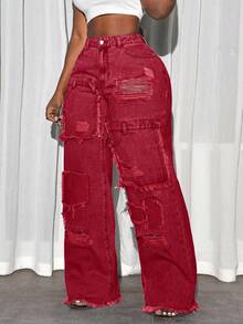 Slaydiva Women's Casual Washed Frayed Ripped Wide Leg Jeans - Red - View 5