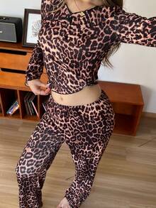 SHEIN Sexigt leopardmönster med v-ringning och långärmad topp och byxor, vinterkläder - Multifärgad - Visa 5