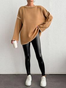 EURMUSE Jersey De Manga Caída Con Cuello Redondo Con Detalles De Color Contrastante - Camel - Ver 5