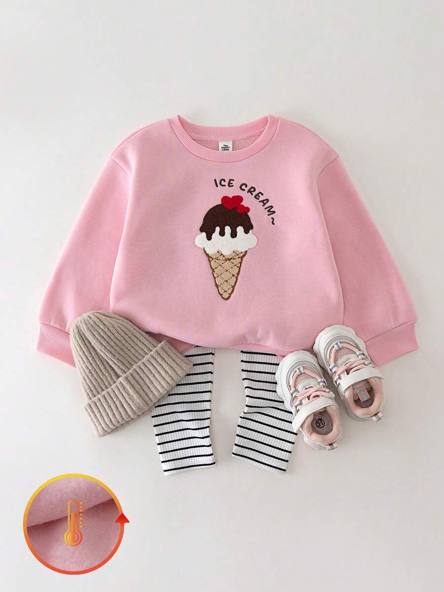 THE HAPPY LOOK 2pcs/Set Young Girl Ice Cream Pattern Knit Soft Crew Neck Long Sleeve Pullover Top And Striped Pants