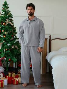 DAZY Men's Striped Multi-Color Polo Collar Elastic Waist Loungewear Set, Autumn,New Year,Christmas, Winter Clothes - Multicolor - View 3