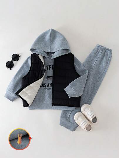Loomiva 3pcs/Set Boys' Letter Print Soft Knit Hoodie Sweatshirt, Elastic Waist Jogger Pants And Sleeveless Vest