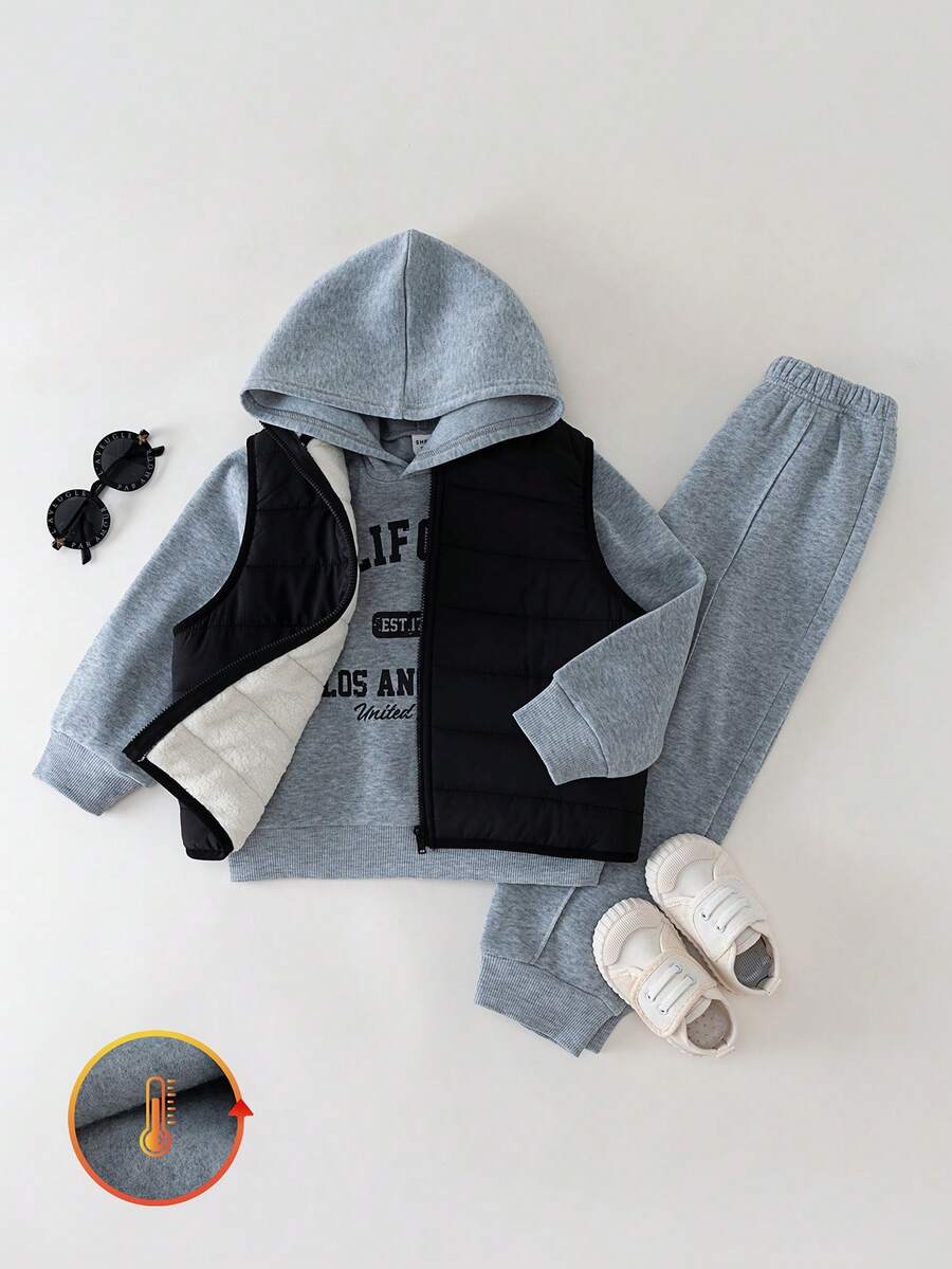 Loomiva 3pcs/Set Boys' Letter Print Soft Knit Hoodie Sweatshirt, Elastic Waist Jogger Pants And Sleeveless Vest - Multicolor - View 1