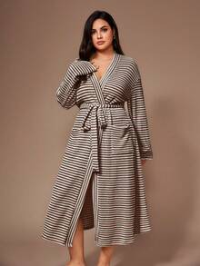 Lazeform Plus Size Women Casual Striped Jacquard Knit Long Sleeve Robe, Winter Night Robe Women Curve Robe Robe Long Sleeve - Brown - View 4