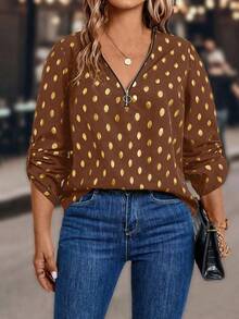 Plus Size Polka Dot Print Half-Zip Casual Versatile Long Sleeve Shirt - Brown - View 4